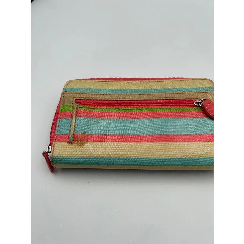 Multicolor Striped Trifold Zip Around Wallet Red Teal Tan Canvas Organizer